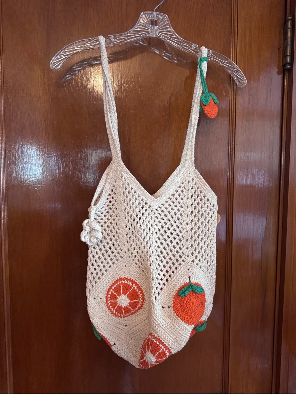 Hand made Crochet orange handbag- Cream with Orange Accents